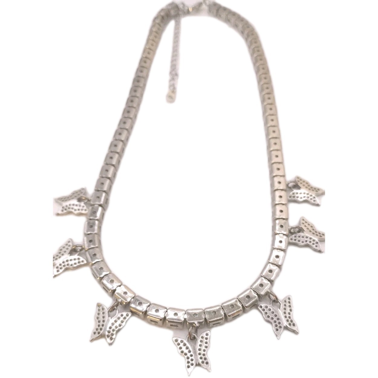 Clear Butterfly Charm Necklace Rhinestone Silver Tone Adjustable 13 to 15 in
