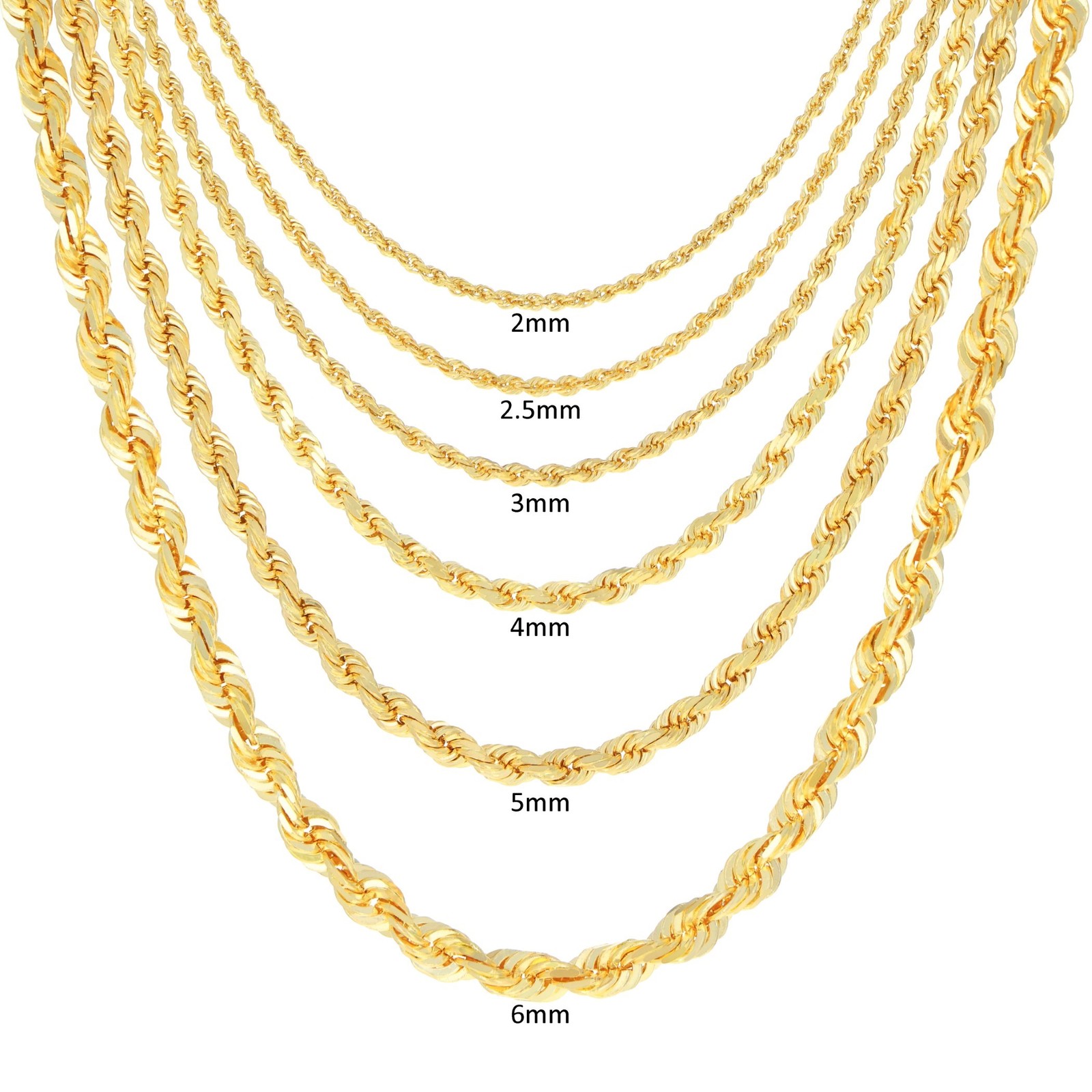 18k Yellow Gold Diamond Cut Rope Chain 2mm-5mm Necklace Mens Womens 16″- 28″