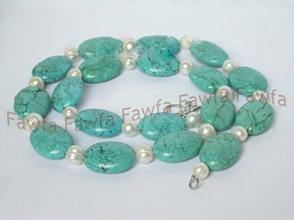 7-8mm White Akoya Pearl & 13x18mm Blue Turquoise Oval Beads Necklace 16-36”