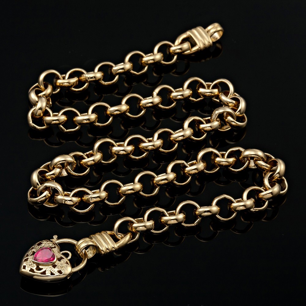 18K GL Thick Solid Rolo Yellow Gold Necklace Filigree Heart Padlock Ruby Red Gem