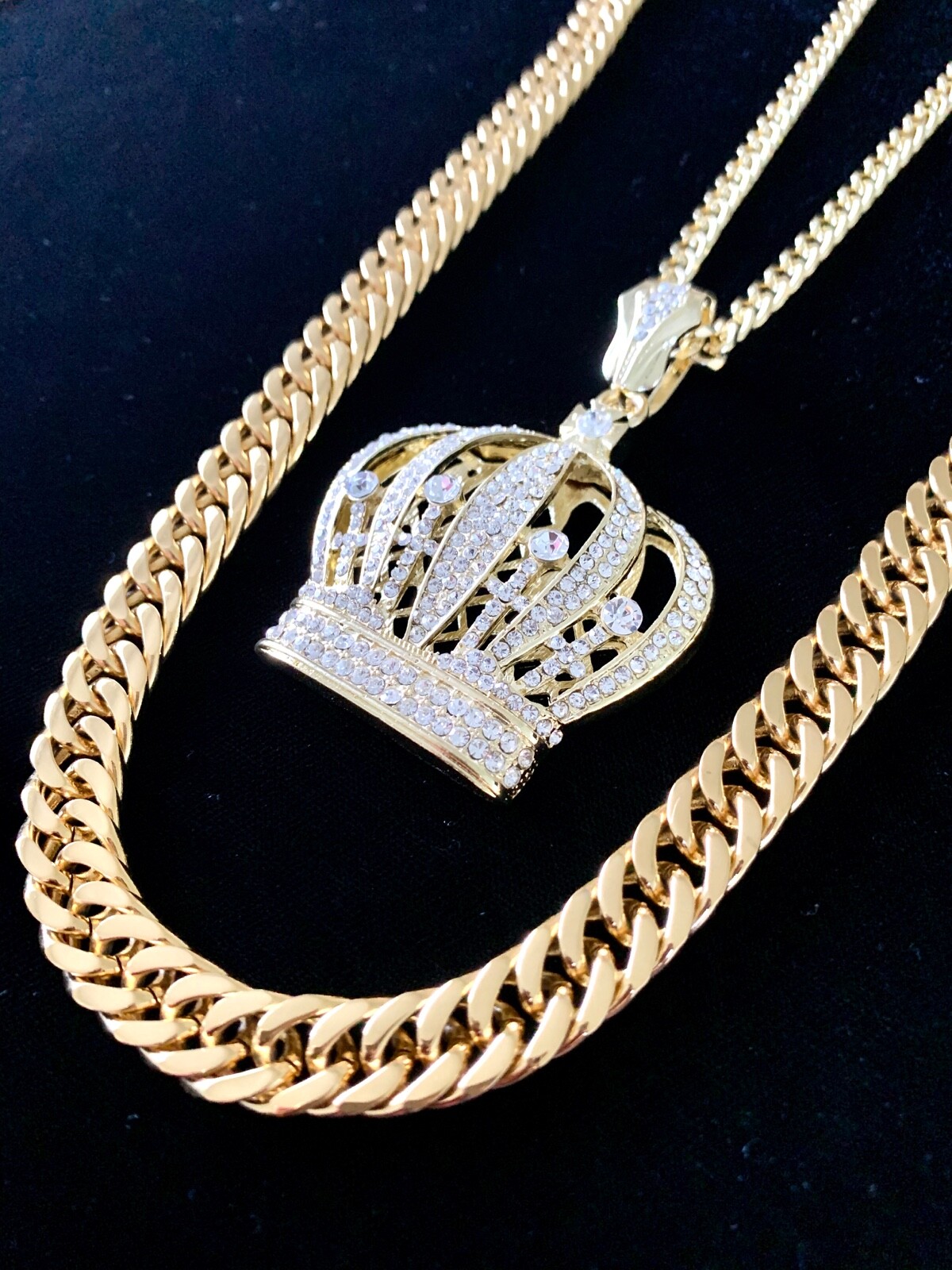 Solid 18K Gold Lab Diamonds BIG CROWN Pendant Chain Necklace *LIFETIME WARRANTY*