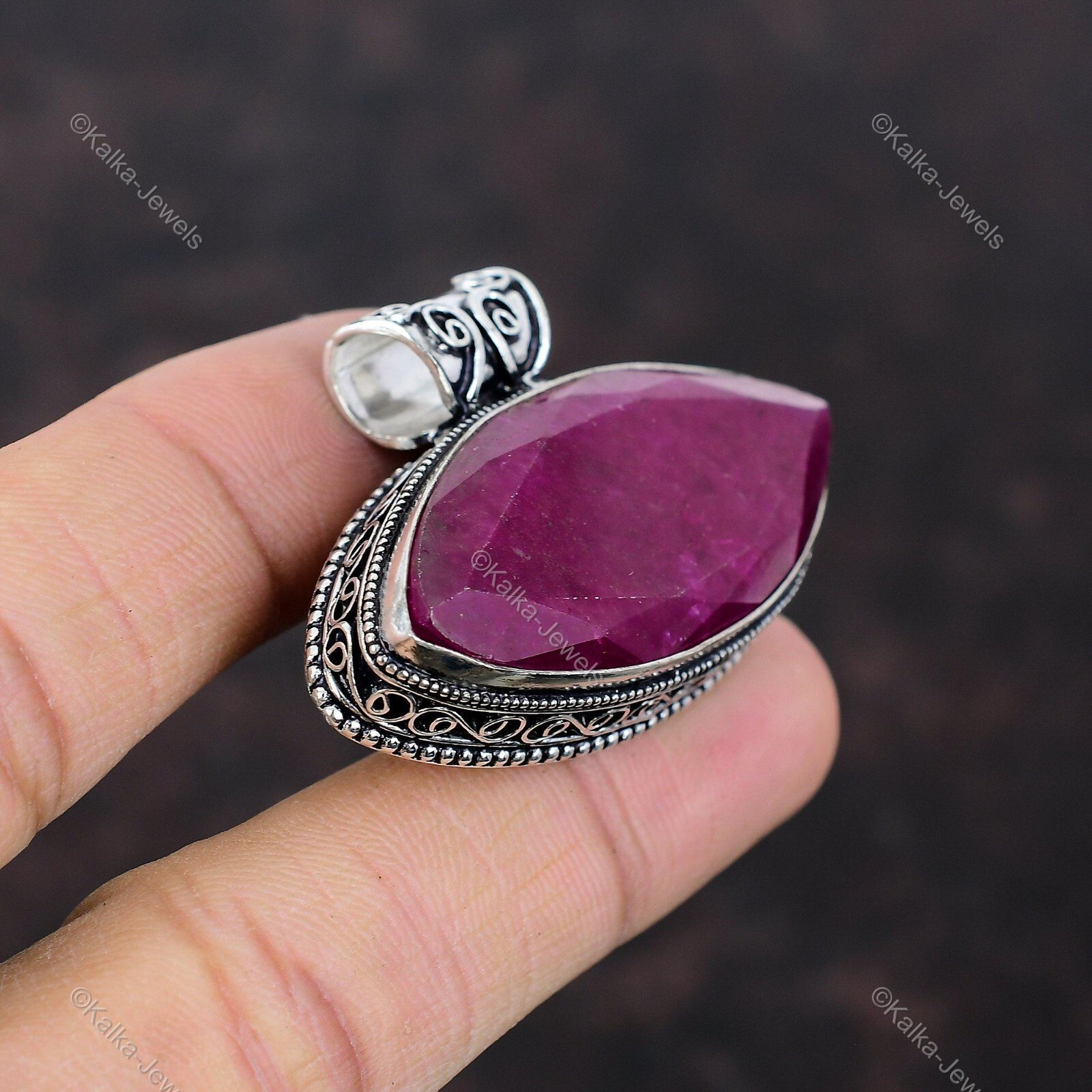 Kashmir Rubi Gemstone Pendant Vintage Red 925 Sterling Silver Jewelry Gift