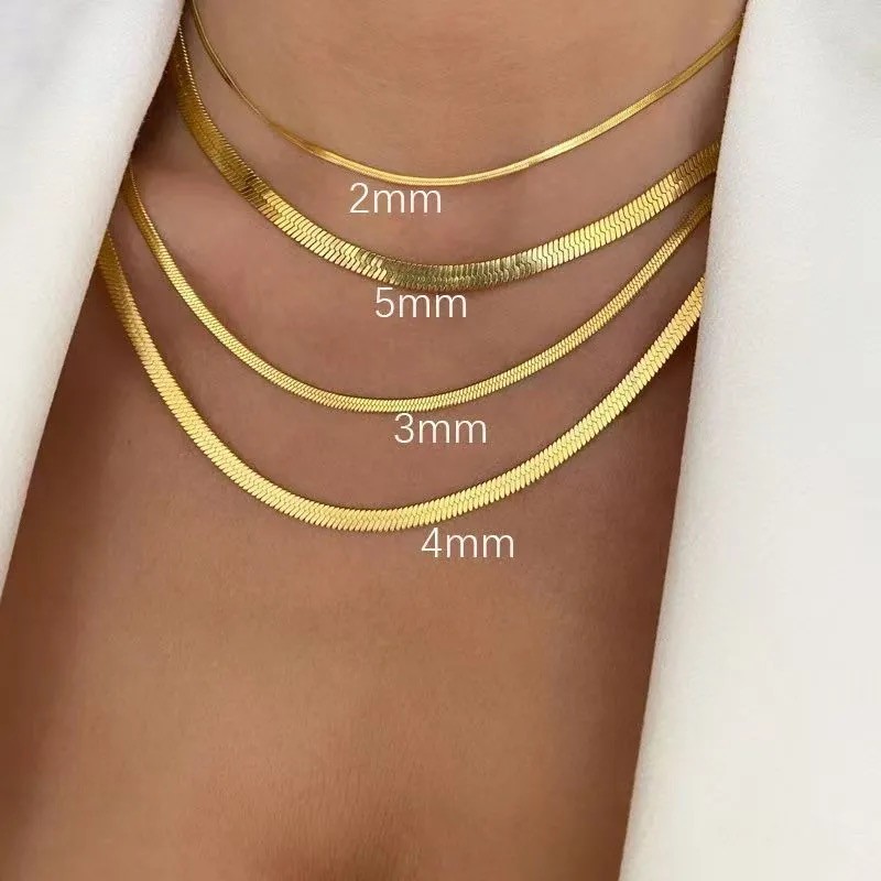 14K Gold Titanium Steel Snake Chain Necklace Flat Herringbone Choker Necklace