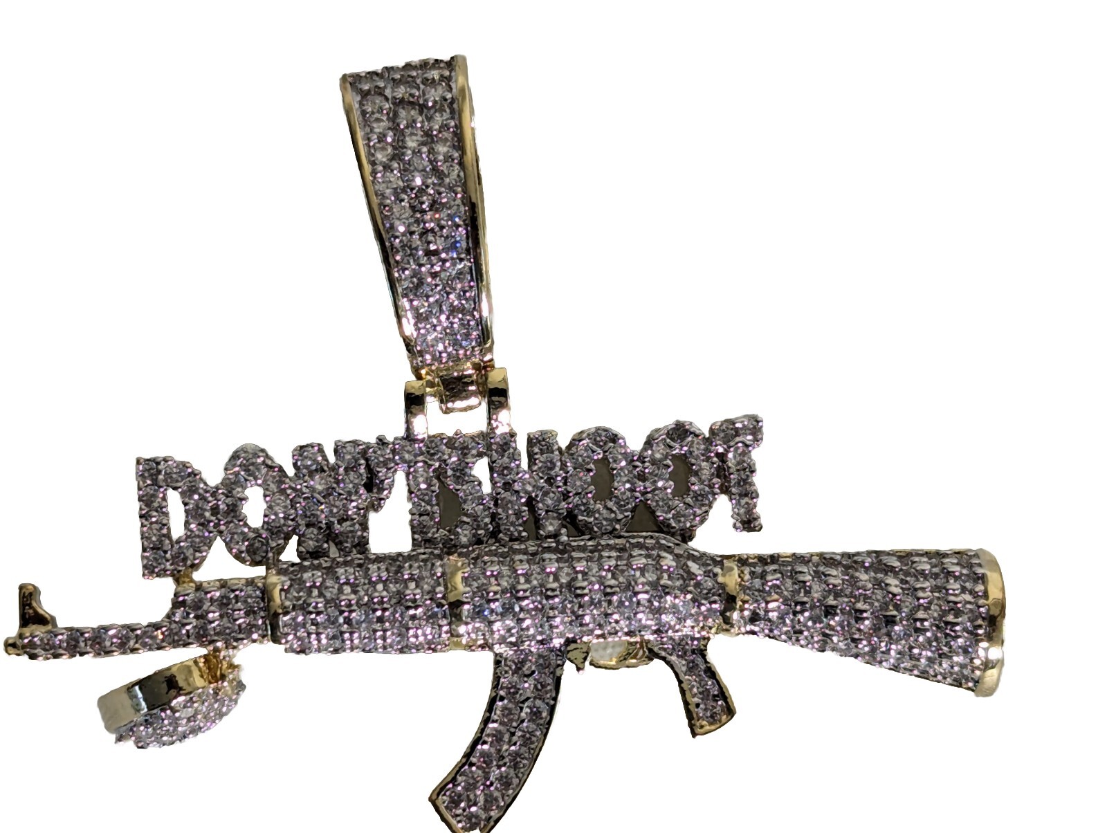 Necklaces Men Ice Out Bling Gun Don’t Shoot Gold Plated Pendant 12″Chain