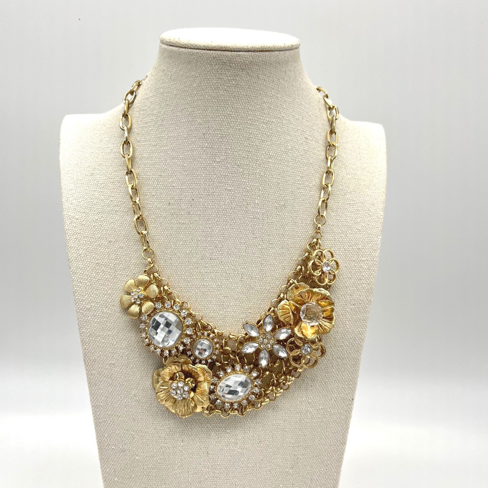 Gold Tone Clutter Statement Necklace Multi Gem Embellished Bib Style Choker
