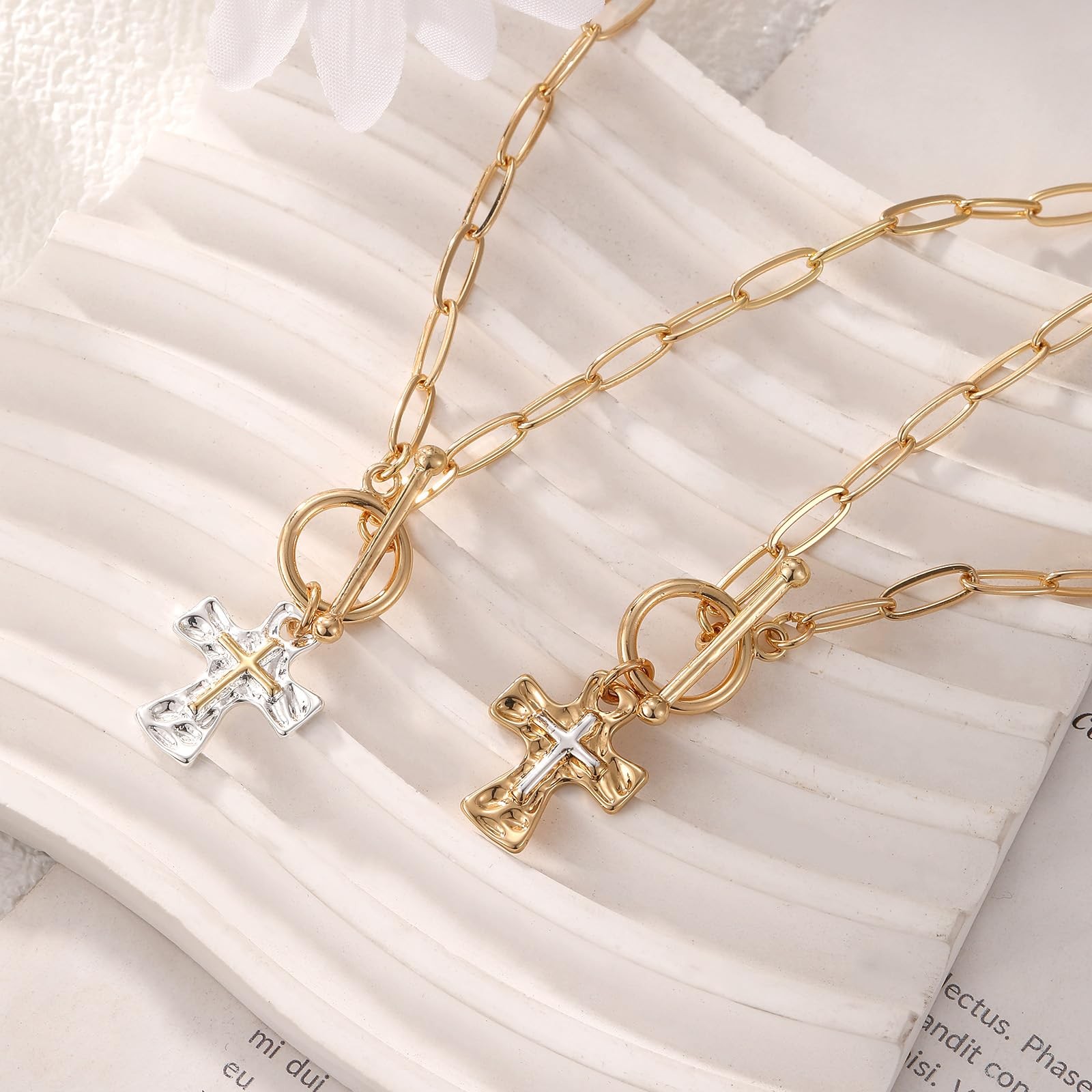 HMGADN Chunky Cross Necklace for Women Trendy Dainty 18K Gold 46cm, Silver