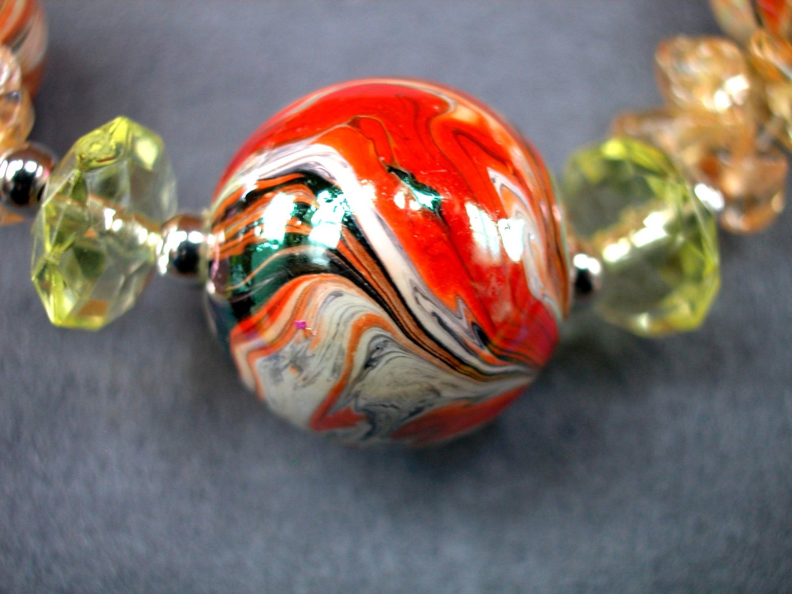 Beaded Necklace 18″ W/ 4″ Ext. Multicolor Swirl Beads & Yellow Crystal Accents