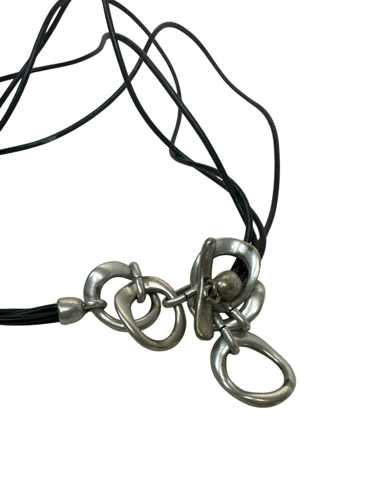 Multi-Strand Black Cord Necklace Silver Tone Metal Loops & Unique Clasp 20″ Goth