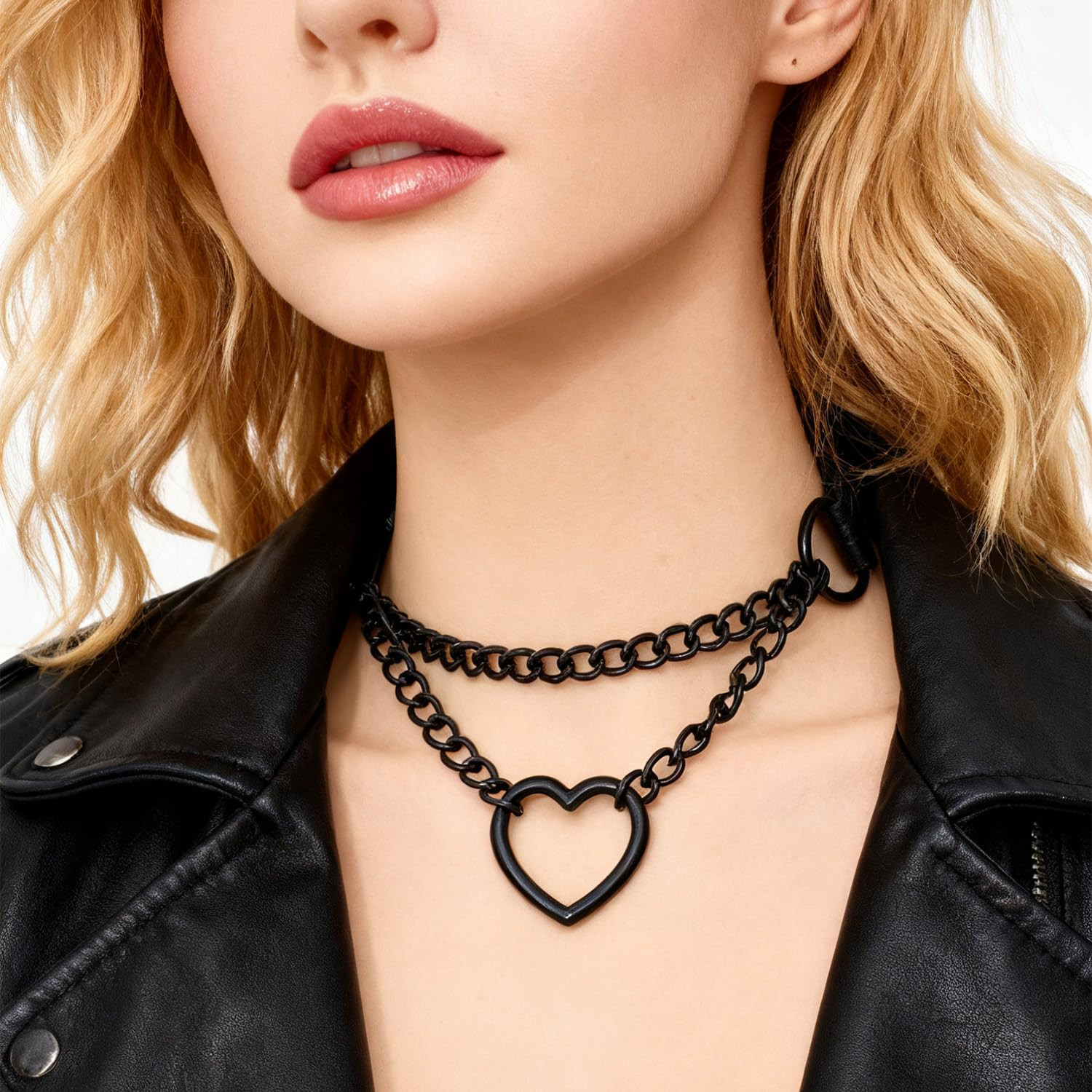 Heart Chain Choker Faux Leather Necklace Black Gothic Pumk Grunge Necklace for W