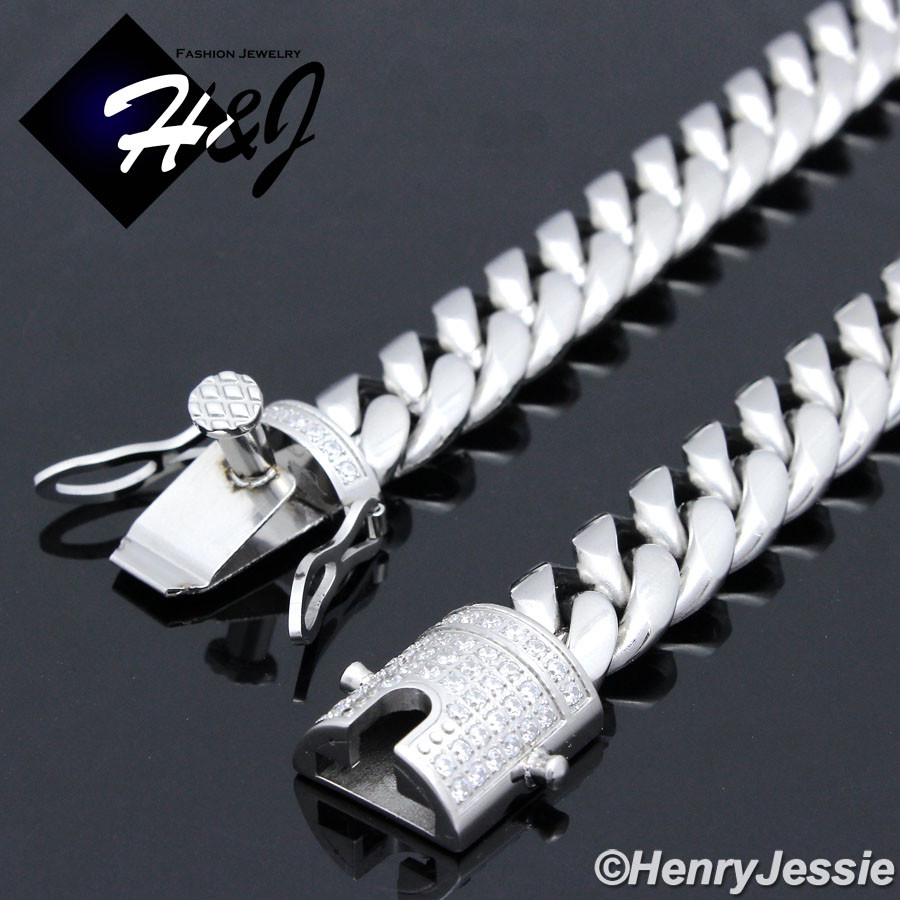 18″-40″MEN Stainless Steel 10mm Silver ICY CZ Miami Cuban Curb Necklace*N158