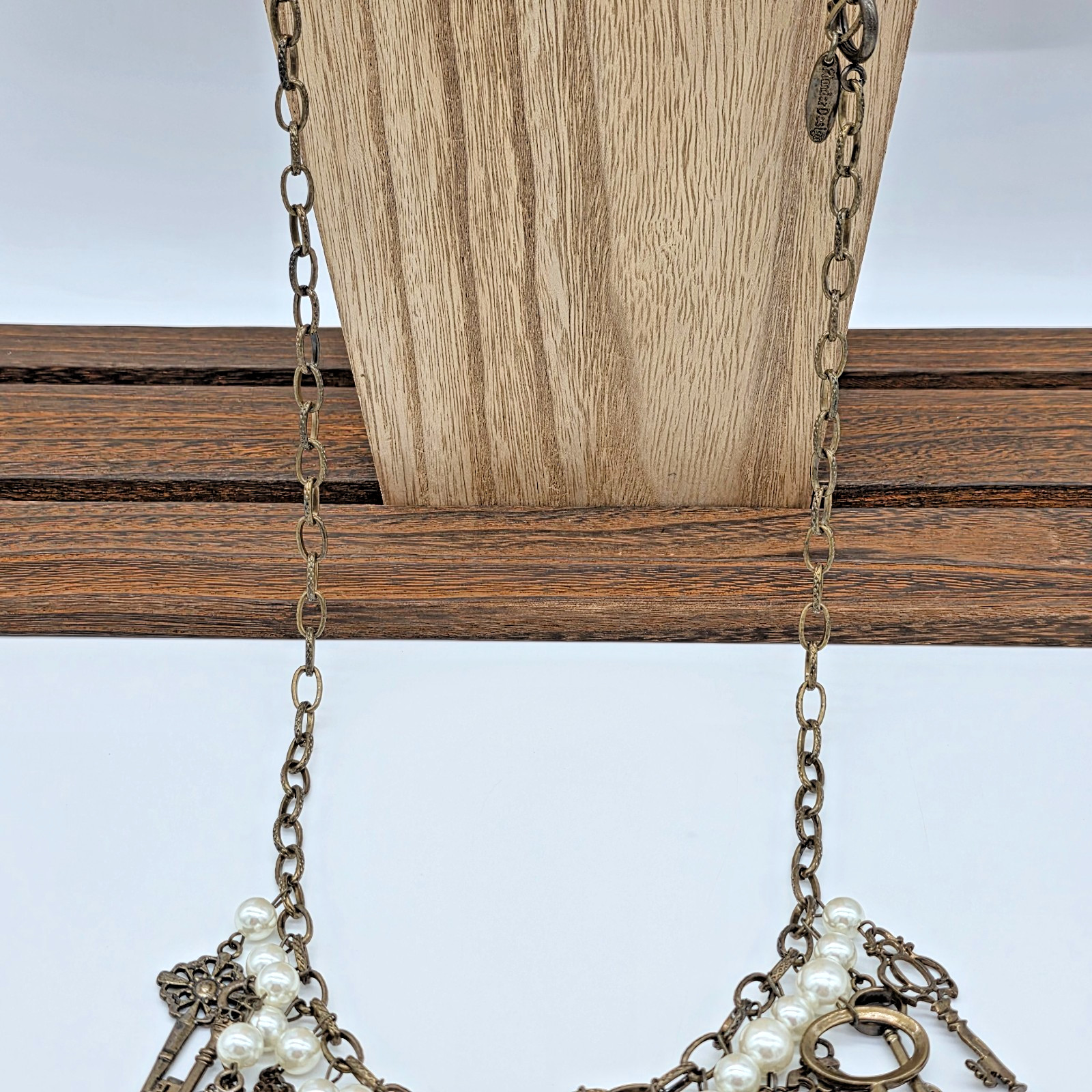 Plunder QUINCY Antique Bronze Fringe Necklace Pearls Brass Skeleton Keys 36”