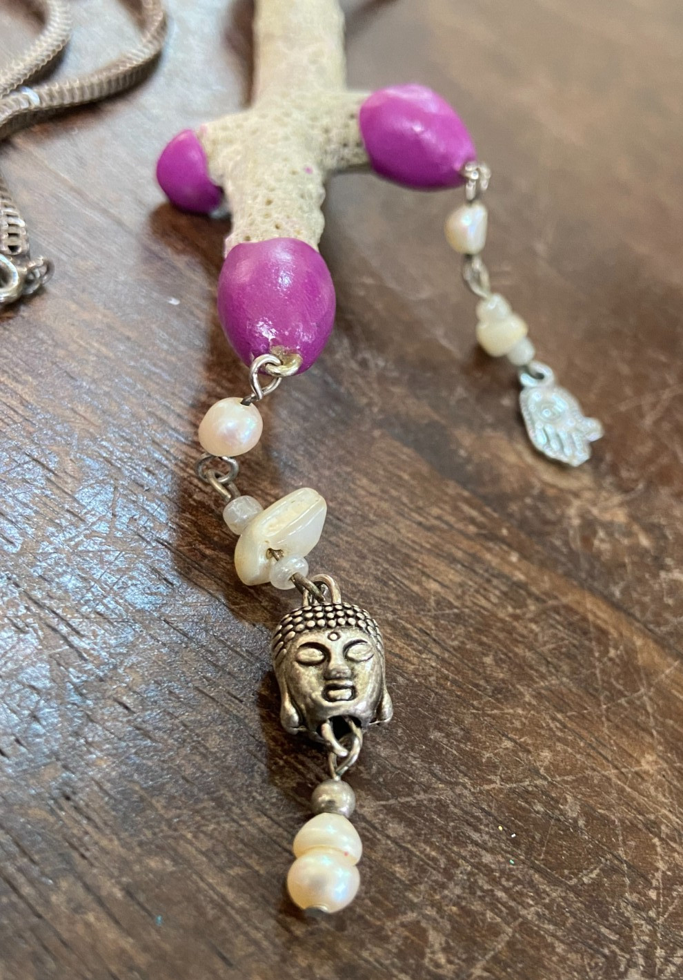 Handcrafted Coral Necklace with Purple Clay Accents and Spiritual Charms
