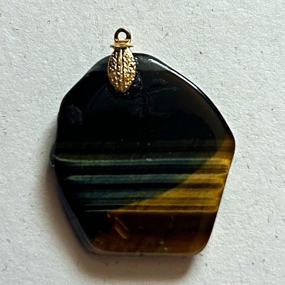 Tiger’s Eye Hexagon Amulet Pendant Brown Black Gemstone Gold-Tone Bail