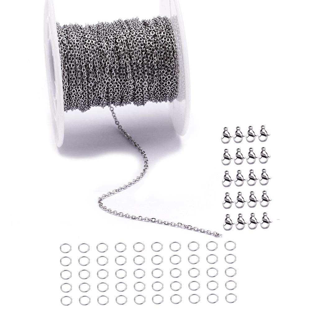 33 Feet Stainless Steel Flat Cable Chains Link Spool Bulk With 20 Lobster Clasps