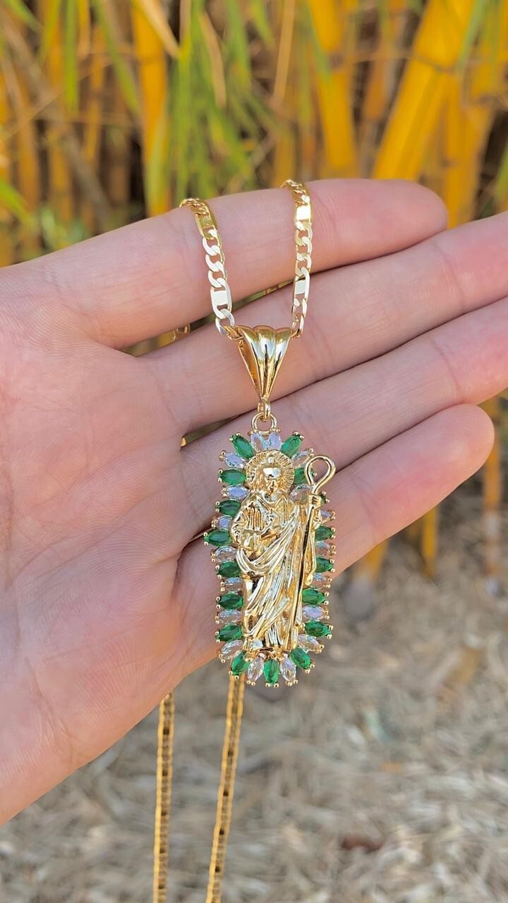 San Juditas CZ Necklace 24″ Figaro Valentino Chain Pendant Mens Adults Cadena