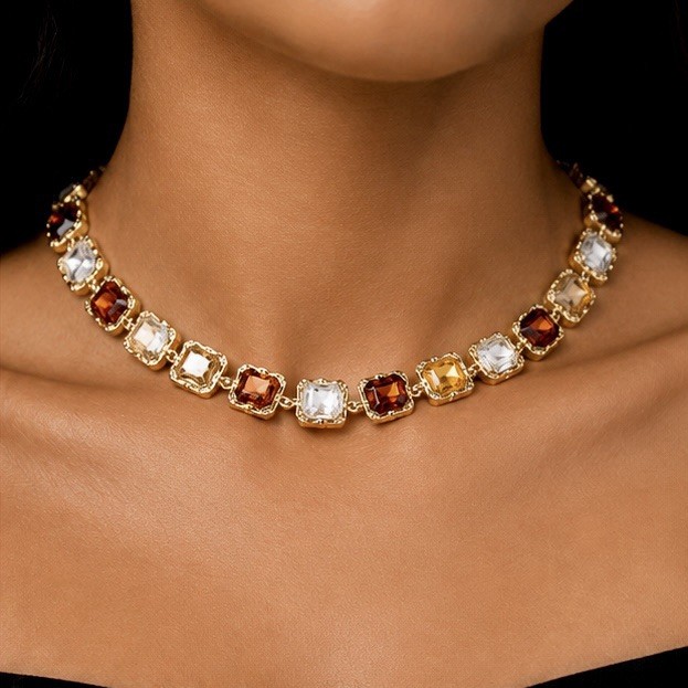 Multicolor Gold plated Non-Tarnish Cushion Crystal Choker Adjustable