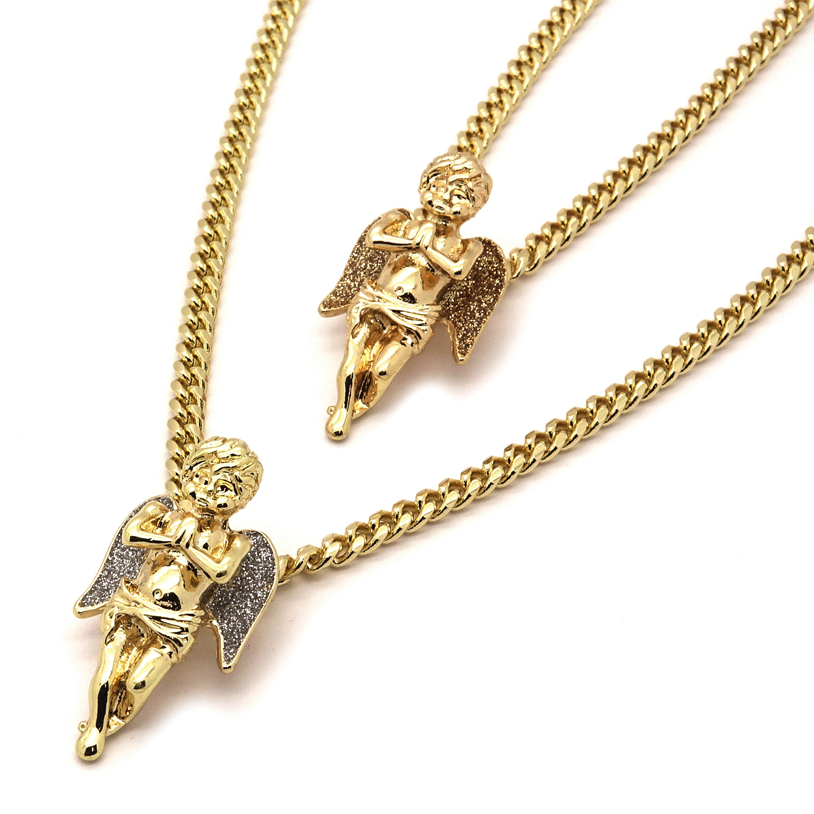 Men’s 14k Gold Plated High Fashion 2 pcs Angels 3mm 30″ & 24″ Cuban Necklace