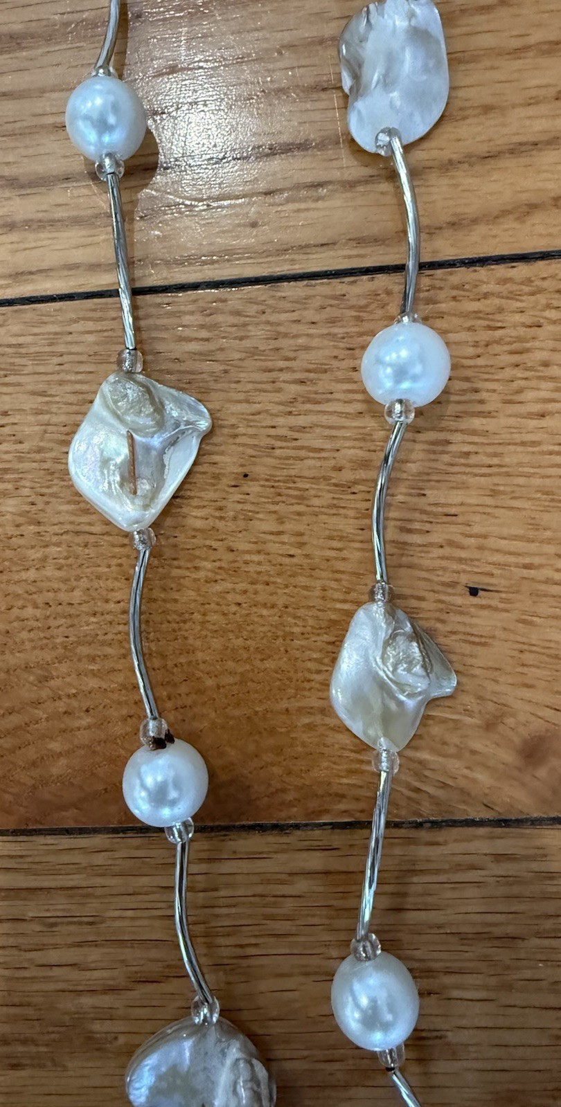 Fashion Layered Necklace & Earrings Abalone & Faux Pearl Silver Tone 54” Boho