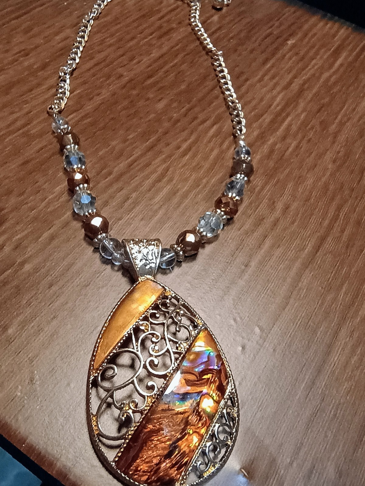 Teardrop Charm Pendant Necklace Multicolor Inlay, Beaded Cable Chain