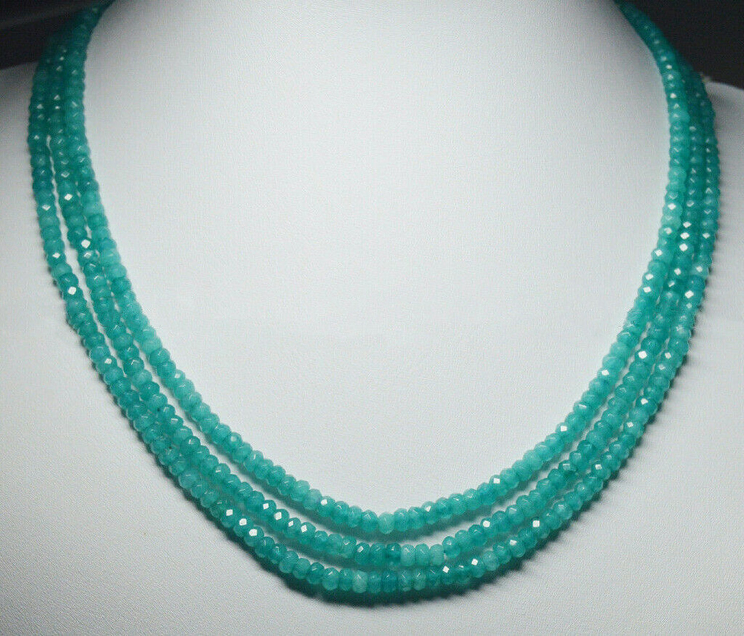 NATURAL 3 Rows 2X4mm FACETED Blue Aquamarine BEADS NECKLACE 18-20”