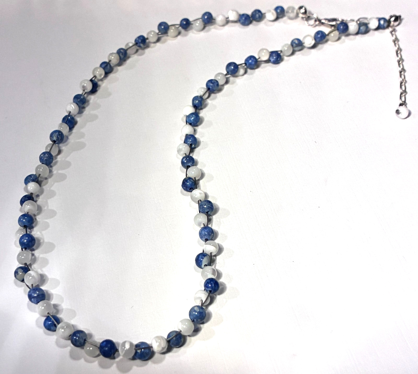 Boho Sodalite Blue & White MOP 2-strand Woven Necklace Chocker 16″-19″ Adj,