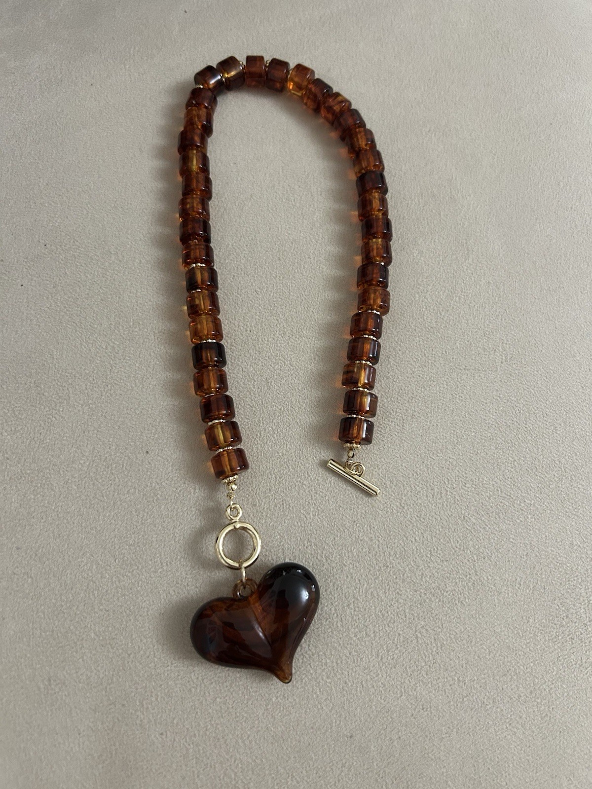 Brown Glass Beaded Ball Chain Necklace Heart Charm Pendant Toggle Closure