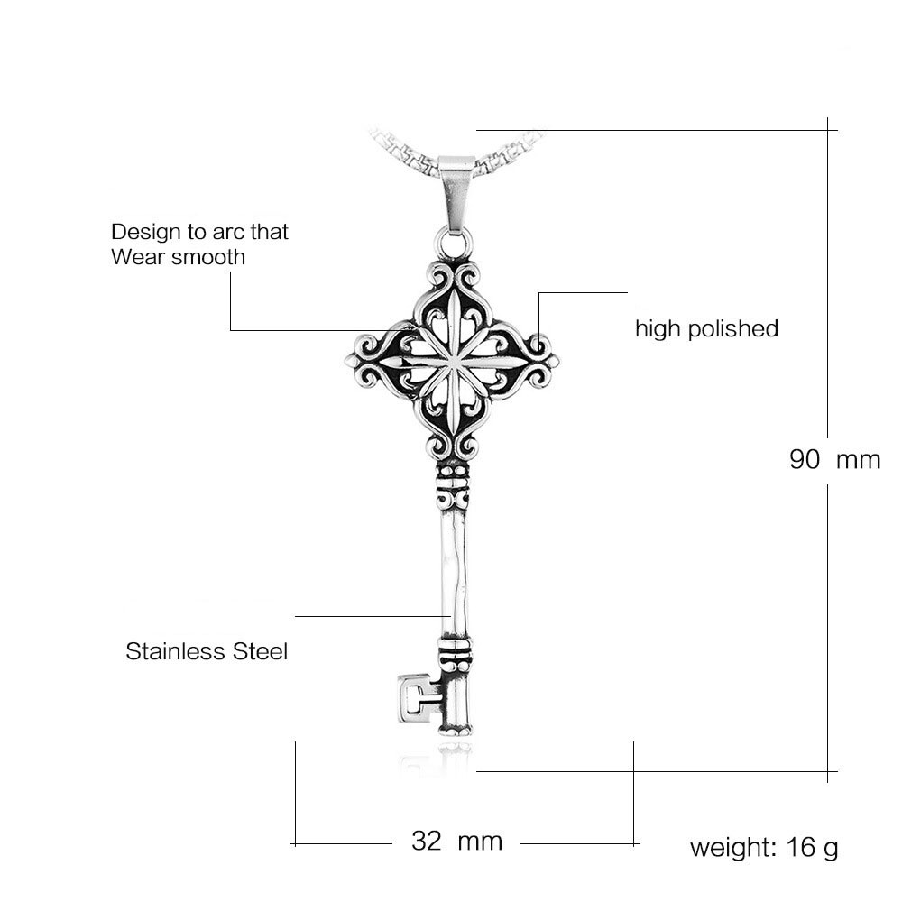 MENDEL Gothic Mens Stainless Steel Hip Hop Key Pendant Necklace Men Silver Chain