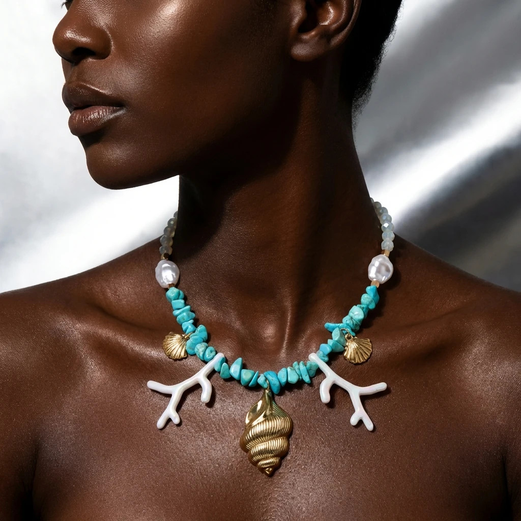Bohemian Blue Irregular Stone Beaded Choker for Women Exaggerated Conch Coral Pe