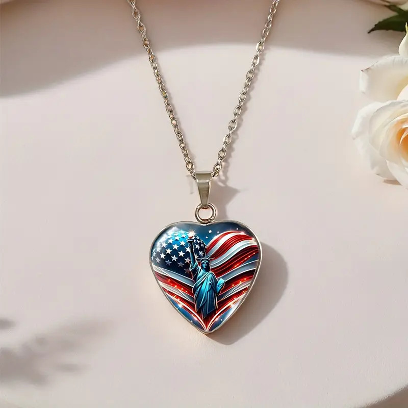 American Flag & Statue of Liberty Heart Shaped Pendant Necklace Jewelry