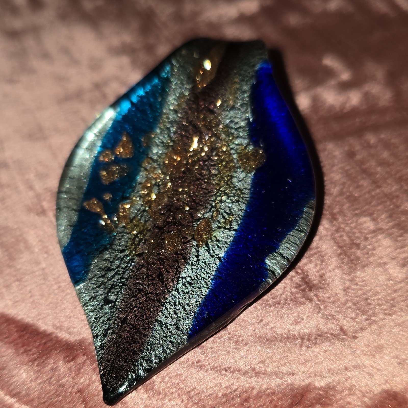 Blue & Black Glass Leaf Pendant with Bail Gold Tone Accents Blue & Gold Stone