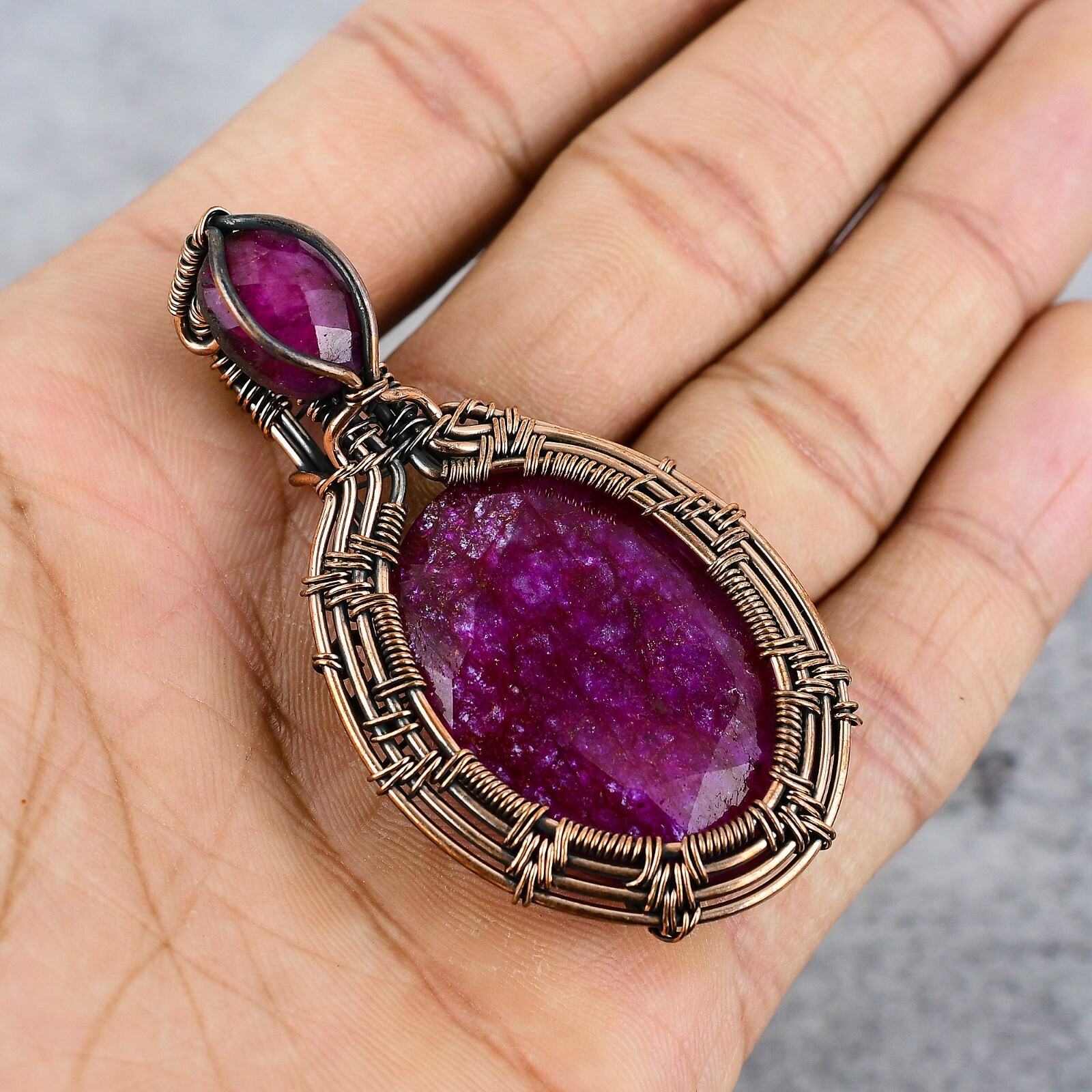 Simulated Kashmir Red Ruby Gemstone Copper Wire Wrap Handmade Pendant Jewelry