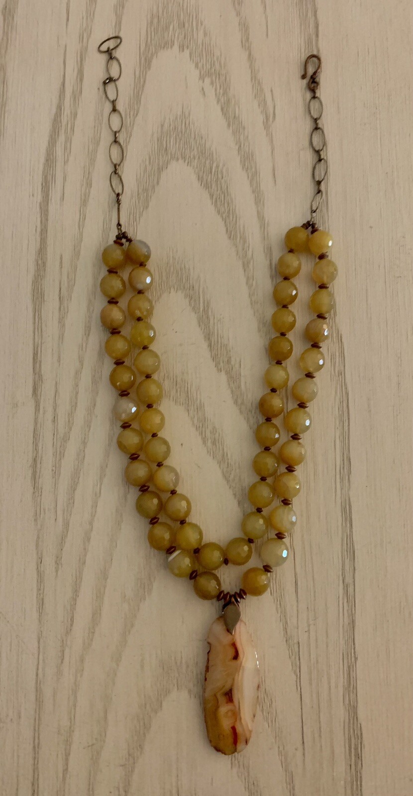 Artisan Made Agate Pendant Chunky Necklace With Hand Knotted Beads Golds Browns