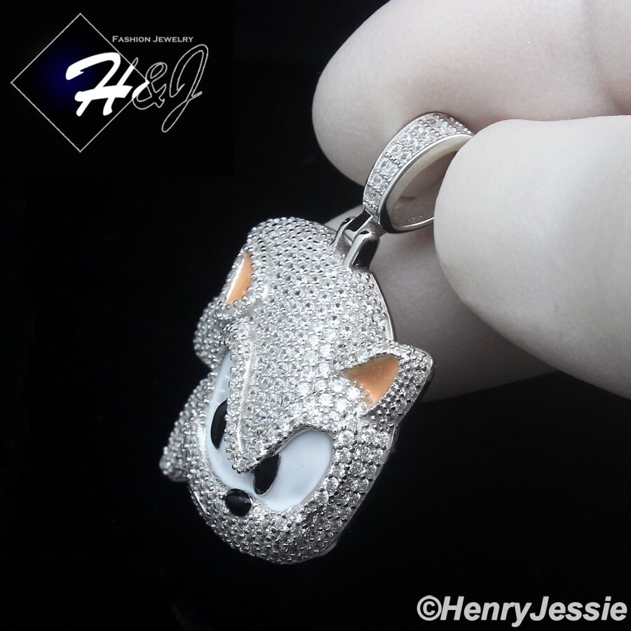 925 STERLING SILVER FULL ICY BLING CZ HIPHOP 3D SONIC THE HEDGEHOG PENDANT*SP489