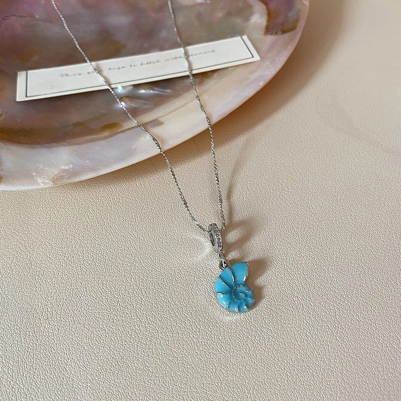 Pretty blue enamel conch pendant versatile silver plated Y-Drop necklace