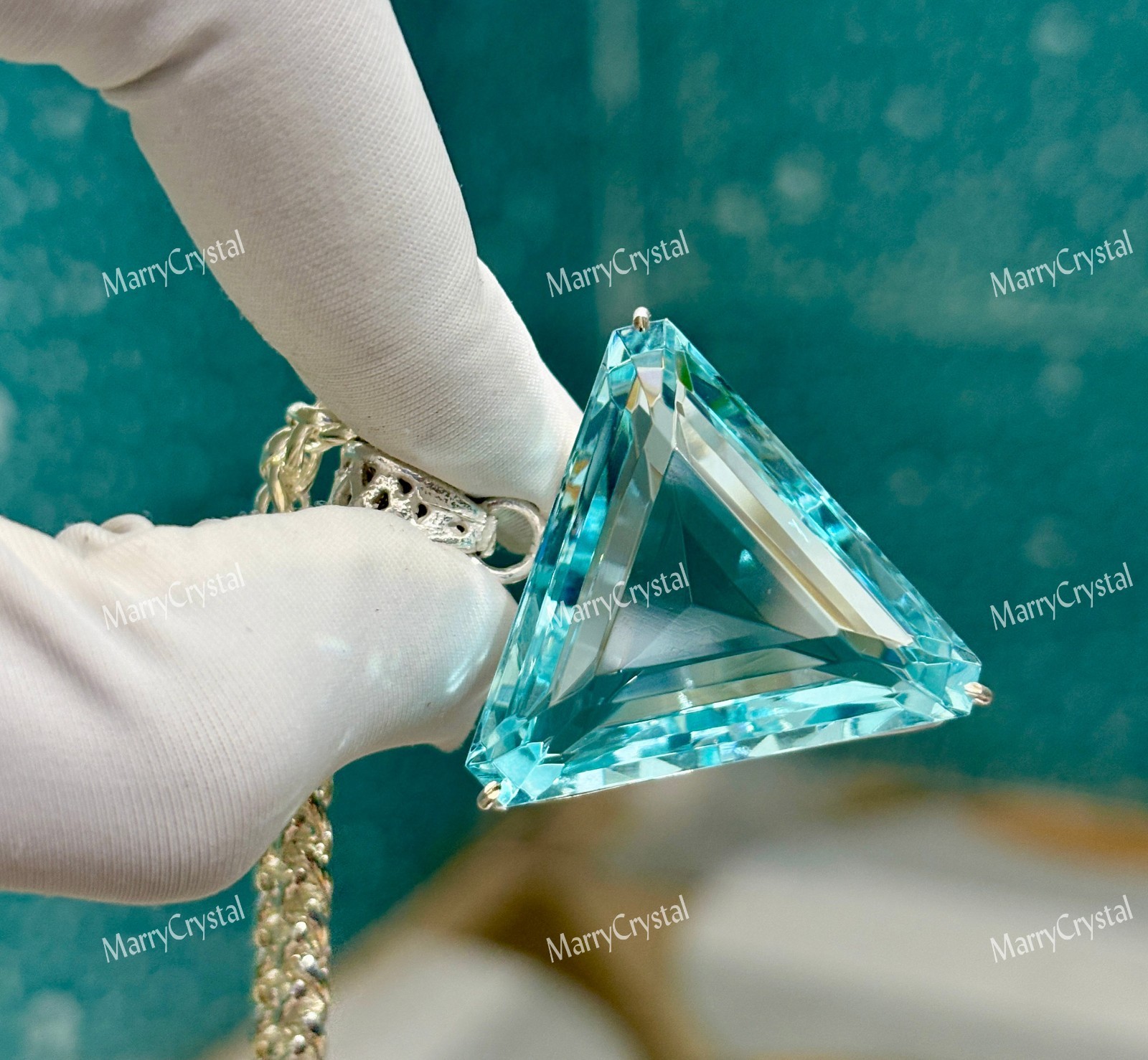65+ Ct Trillion Cut Blue Aquamarine German Silver with 18″ Chain Loose Gemstone