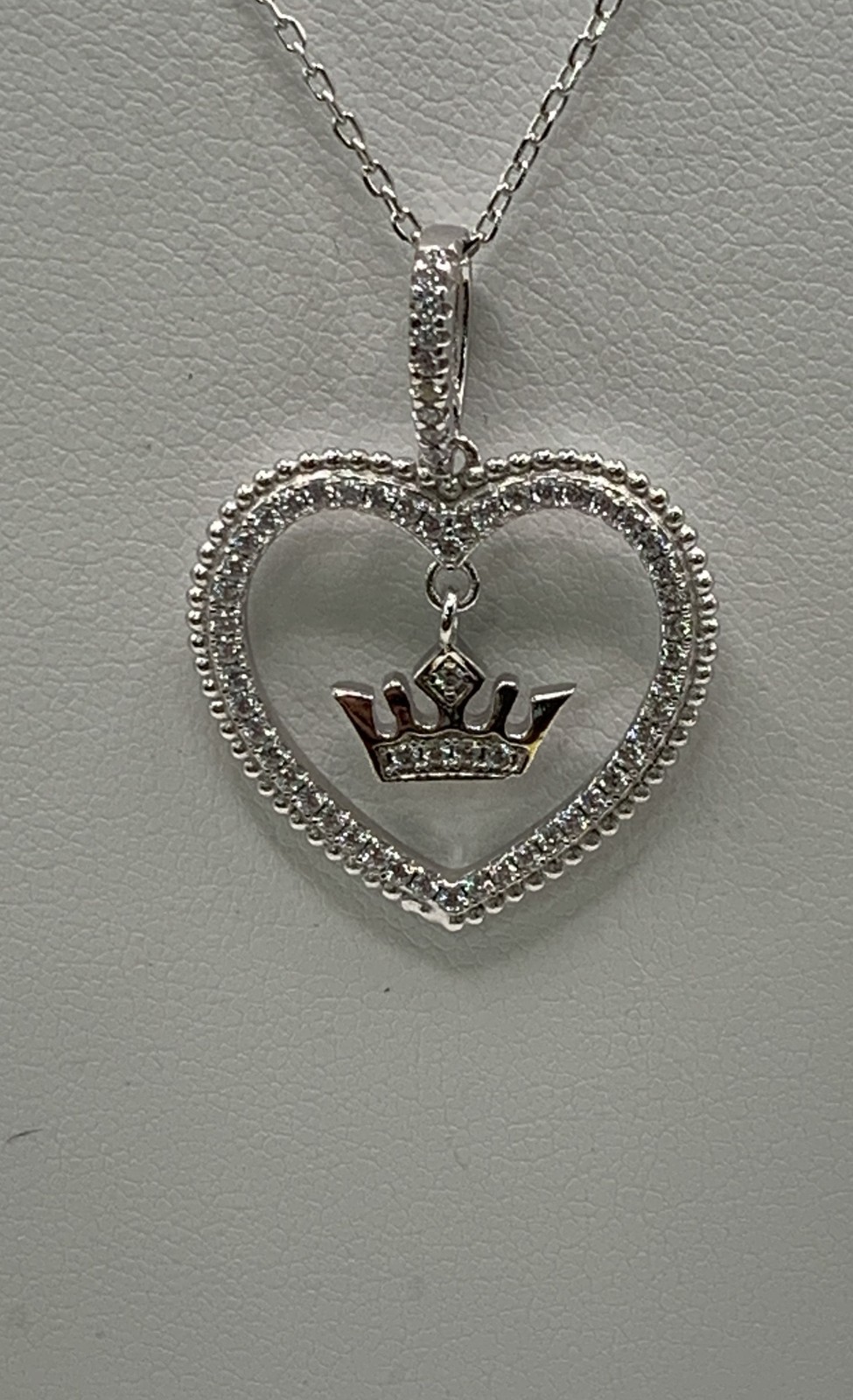 Sterling Silver 925 Cubic Zirconia CZ Heart Pendant Necklace Crown Charm 18-20″