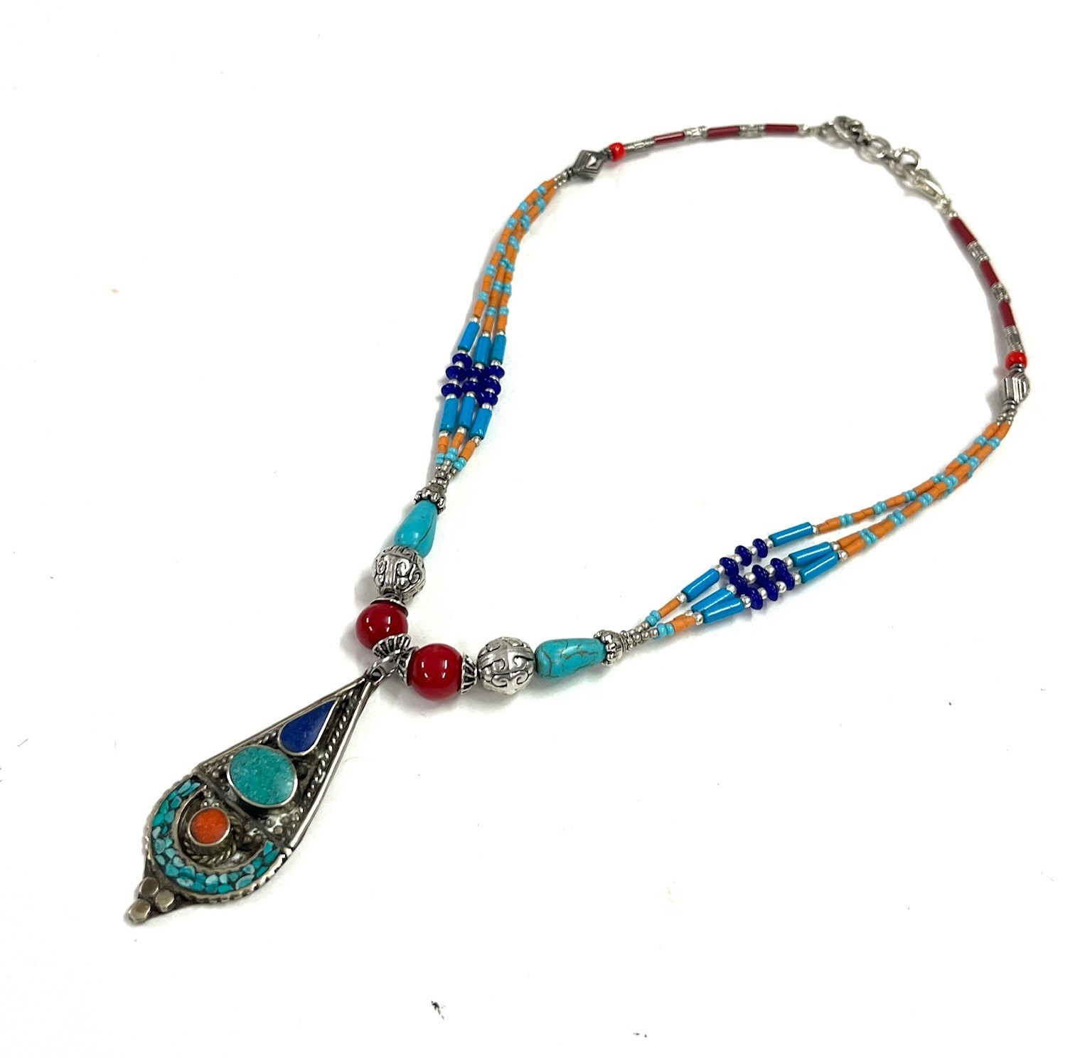 Nepalese Turquoise Coral Gemstone Tibetan Necklace Jewelry, 16 inch Adjus