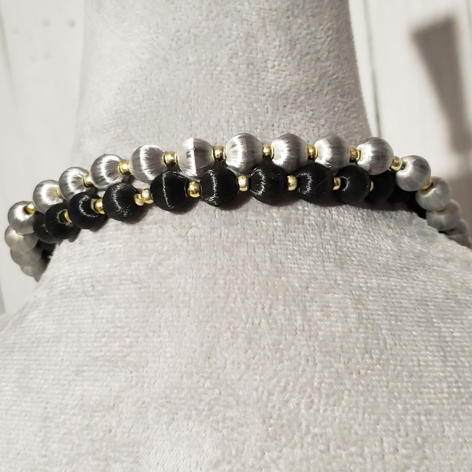 Vtg Bead Necklaces Set of 2 Black Gray Silk Satin Wrapped Boho Whimsigoth Retro