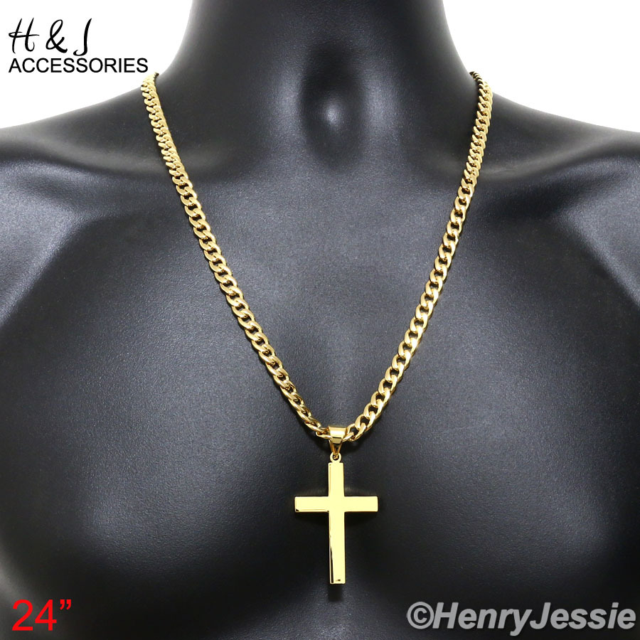 24″MEN Stainless Steel 6mm Gold Plated Cuban Curb Chain Plain Cross Pendant*P64