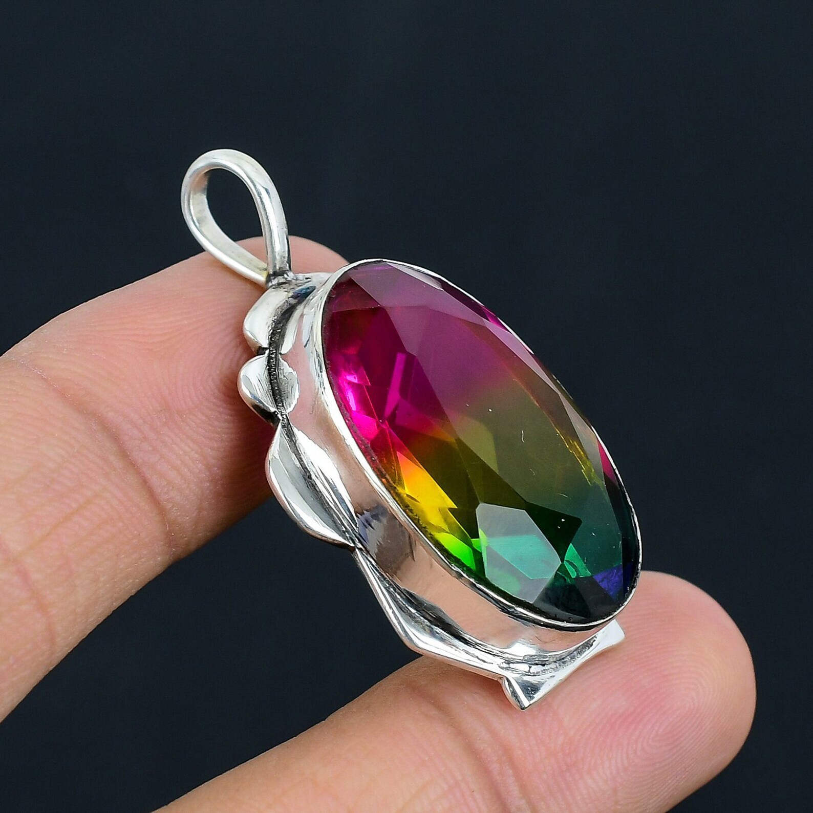 Bi-Color Tourmaline Gemstone Handmade 925 Sterling Silver Jewelry Pendant