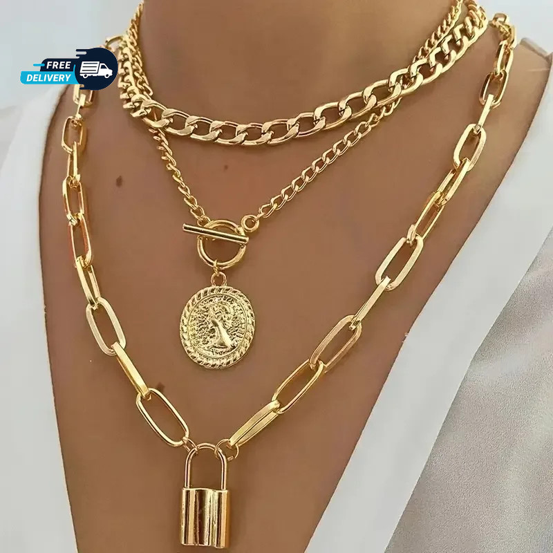3Pcs Chunky Multi-Layer Necklace Trendy Pendants Choker Women Fashion Jewelry