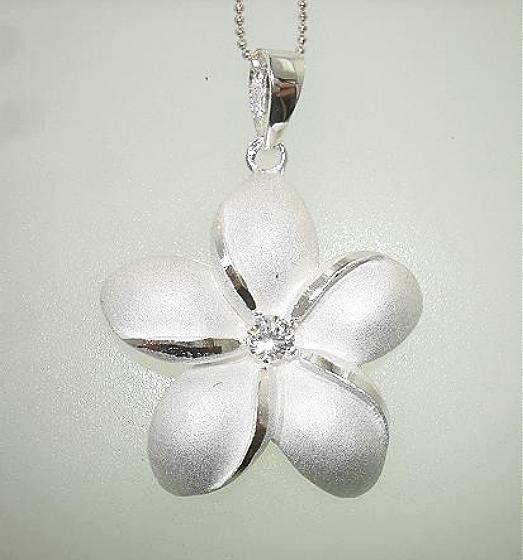 28mm Solid Sterling Silver Hawaiian Frosted Plumeria Flower Clear CZ Pendant