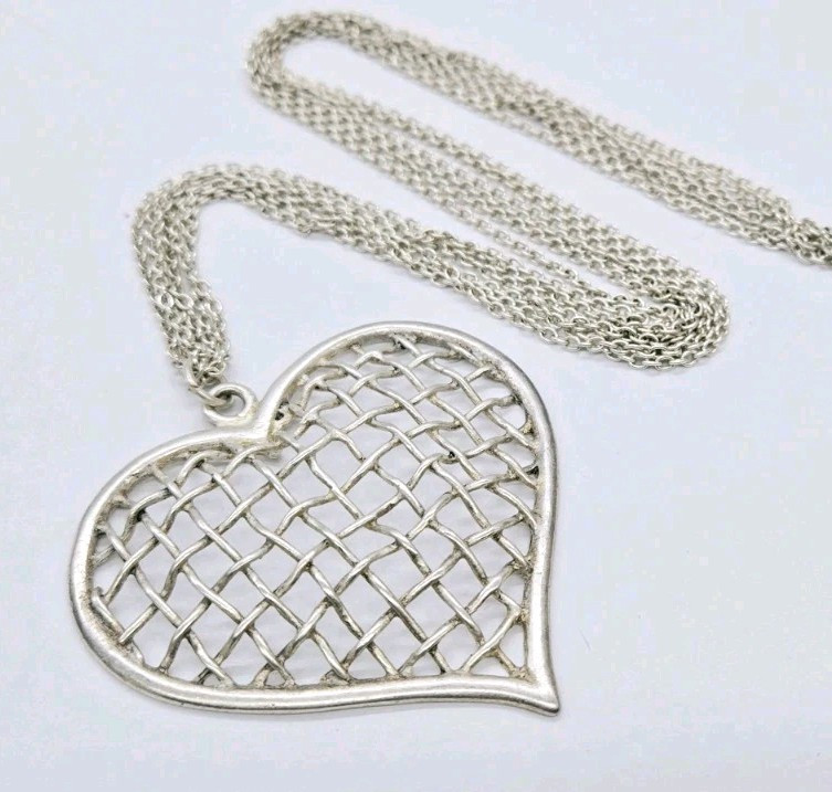 HEART Pendant Layered Necklace Cut-Out Silver tone 30 in Modern Modernist
