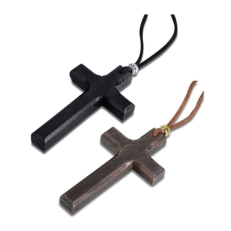 Retro Wood Cross Crucifix Leather Cord Pendant Men Women Necklace Sweather Chain