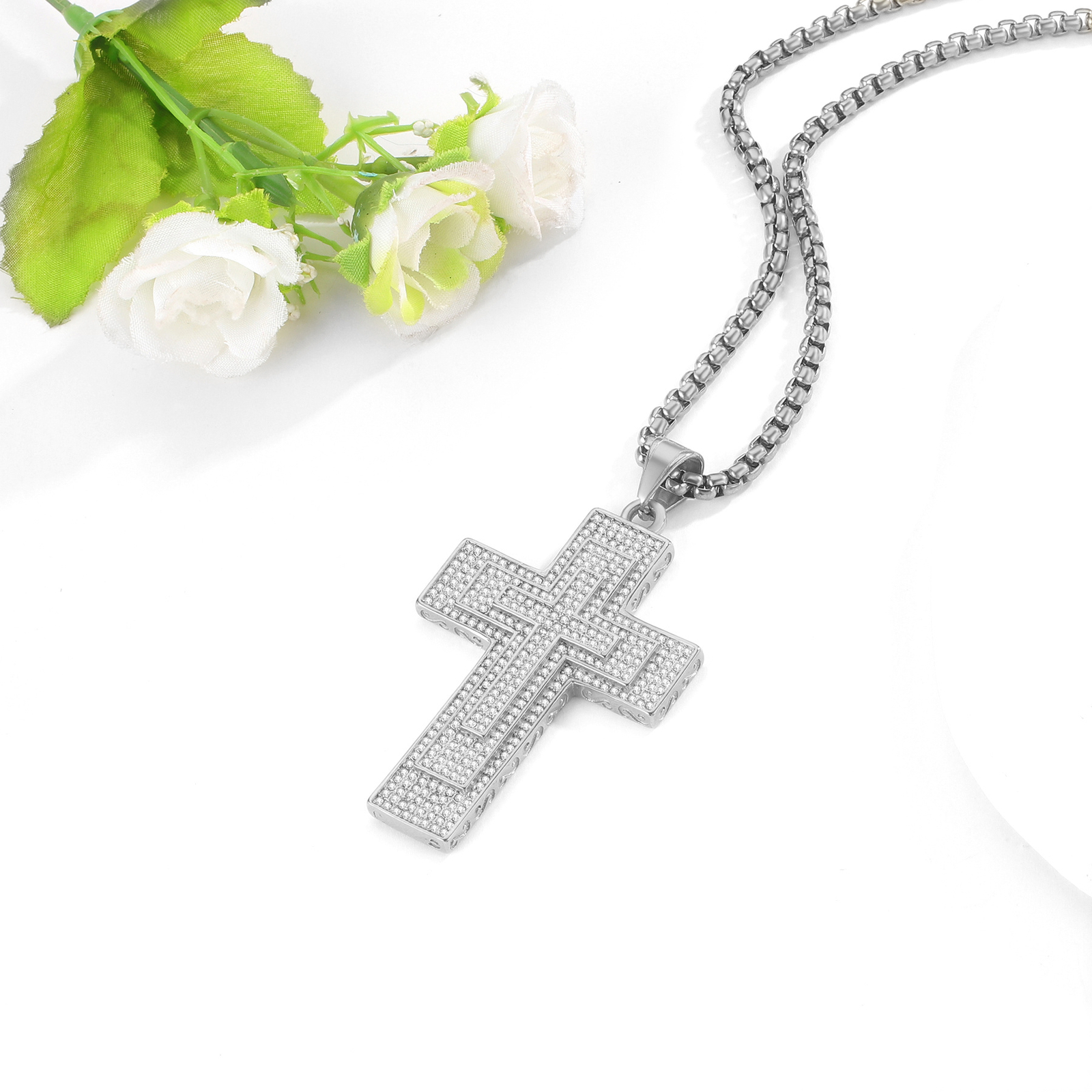 Mens Boys Hip Hop Large CZ Cross Stainless Steel Crucifix Pendant Necklace 22in