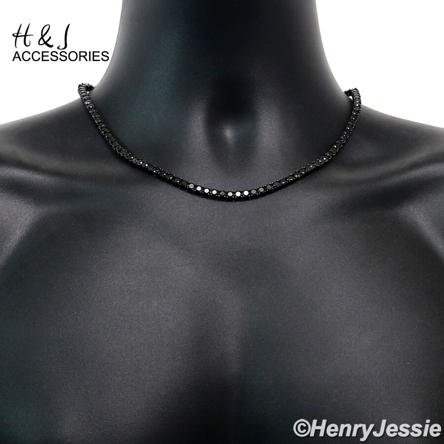 14K BLACK GOLD PLATED 18″20″24″X4MM BLACK ICY 1 ROW TENNIS CZ CHAIN NECKLACE*BN2