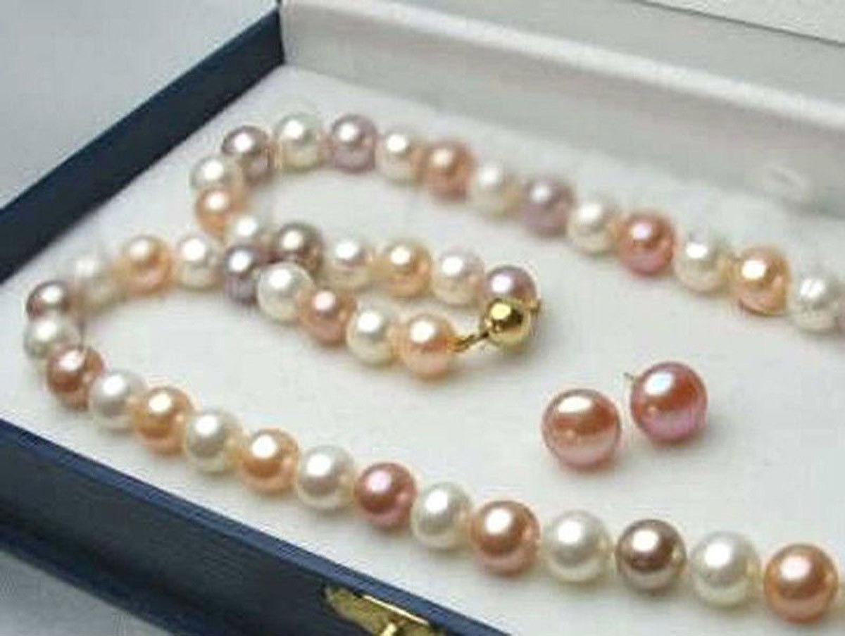 5 Colors Real Natural Multicolor Akoya Cultured Pearl Necklace Earrings Set AAA