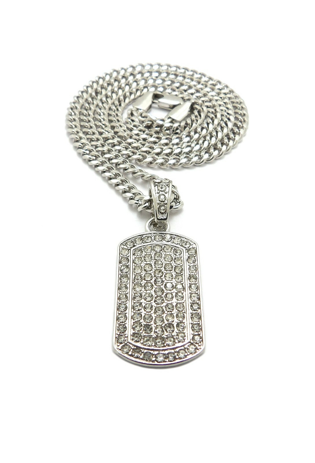 CUBIC ZIRCONIA SILVER PLATED ALLOY DOG TAG & 24″ BOX ROPE CUBAN CHAIN NECKLACE