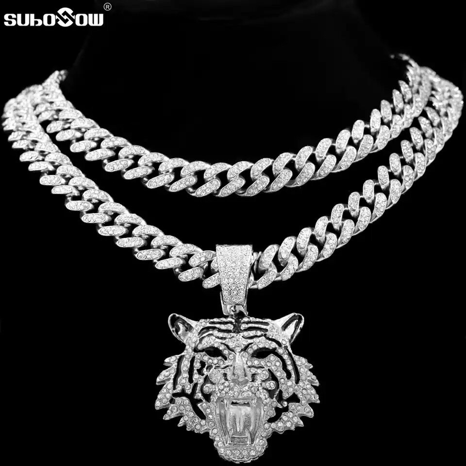 14K White Gold Plated Tiger 12MM CZ’s Iced Out Cuban Link Necklace