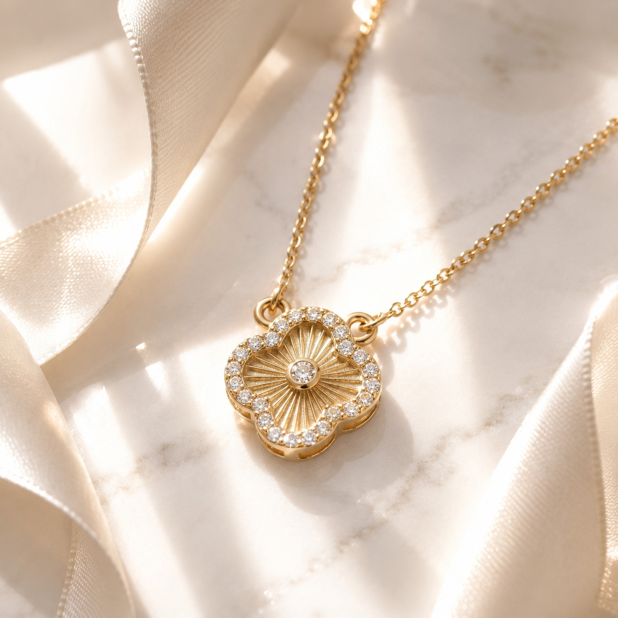 Flower Shape Pendant Necklace CZ Center Stone 18K Gold PVD Stainless Steel